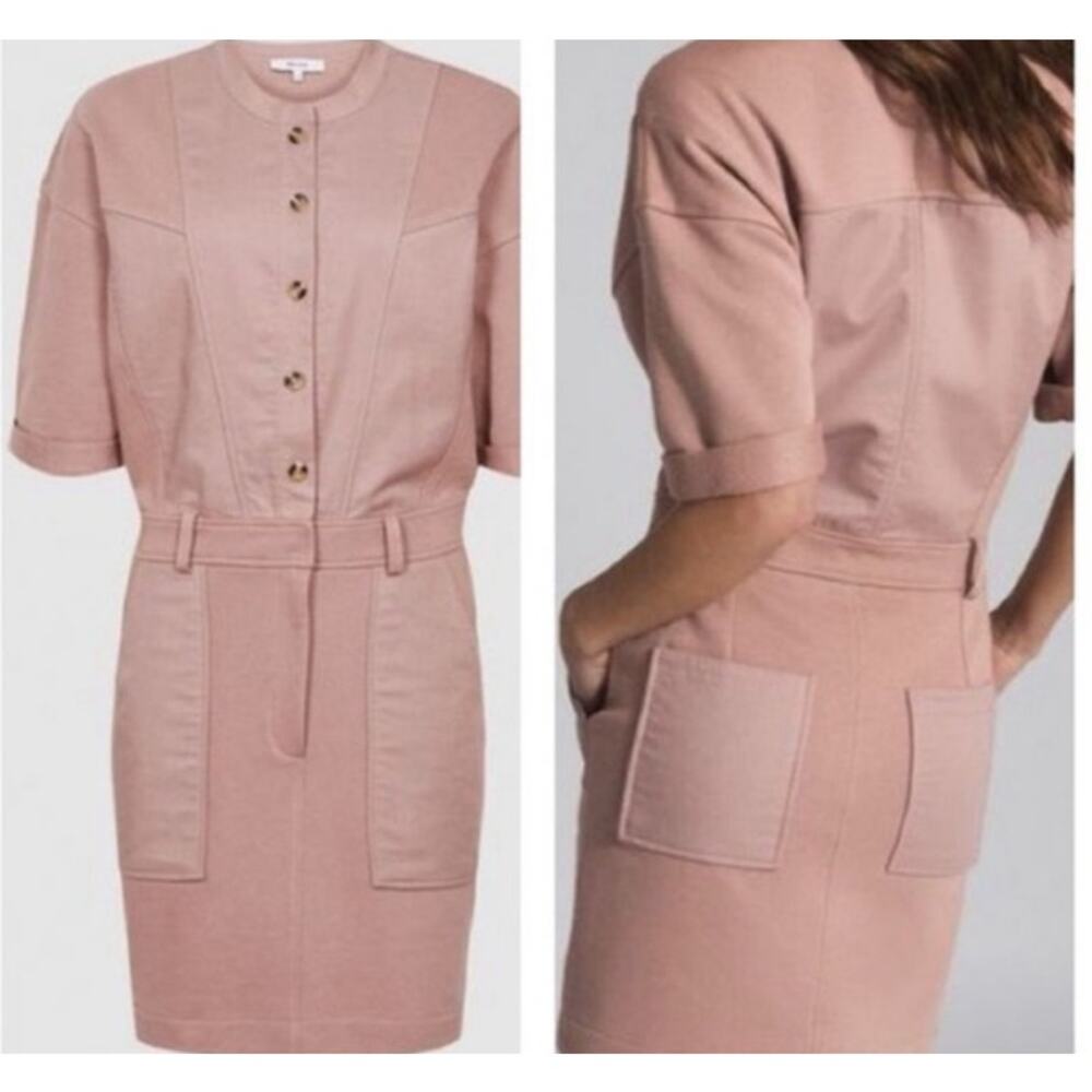 REISS Pink Button Front Belted Mini Dress Size 6 Chic Workwear‎ Cotton Blend